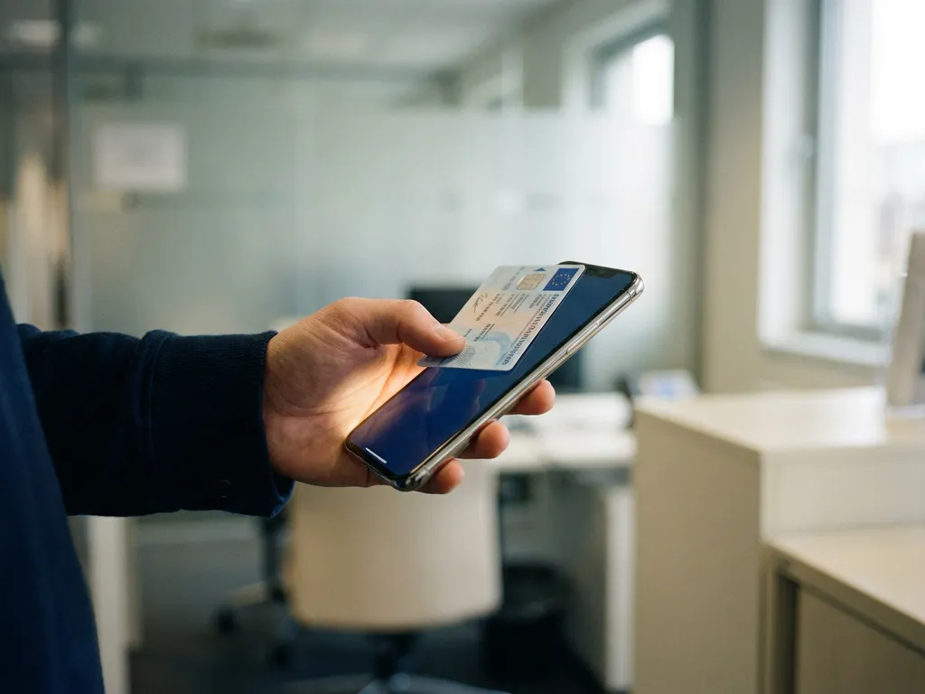EU identity card tapped against a smartphone in a modern government office, demonstrating digital ID verification.
