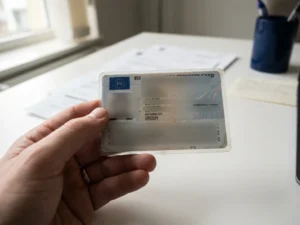 Hand holding an open EU identity document with most personal detail fields obscured, one field clearly visible, on a white government office desk.