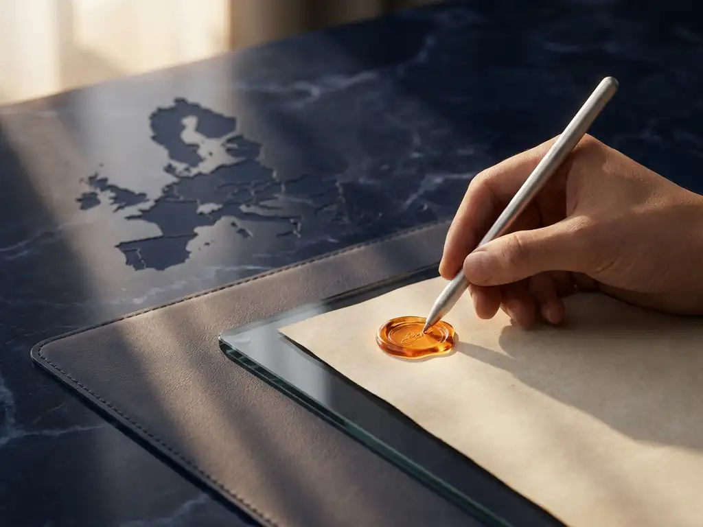 Official EU document being signed with a stylus on a glass tablet, amber wax seal glowing on dark marble desk.