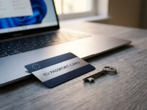EU passport card and key resting on a gray desk beside a laptop keyboard, symbolizing digital access and regulatory compliance.