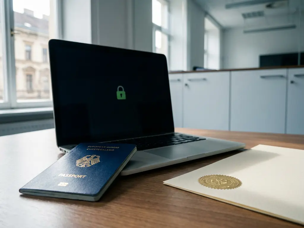 EU passport beside a laptop showing a secure browser padlock and official certification seal on cream paper in a European government office.
