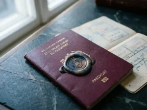 Worn EU passport under a transparent wax data privacy seal on a dark slate government desk with fanned official documents.