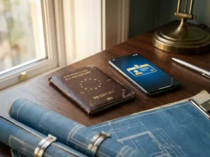 Worn leather EU passport beside a smartphone displaying a digital credential card on a government desk with architectural blueprints.