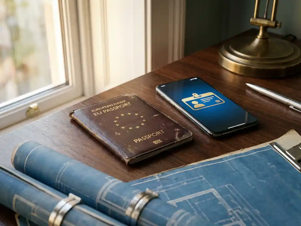 Worn leather EU passport beside a smartphone displaying a digital credential card on a government desk with architectural blueprints.