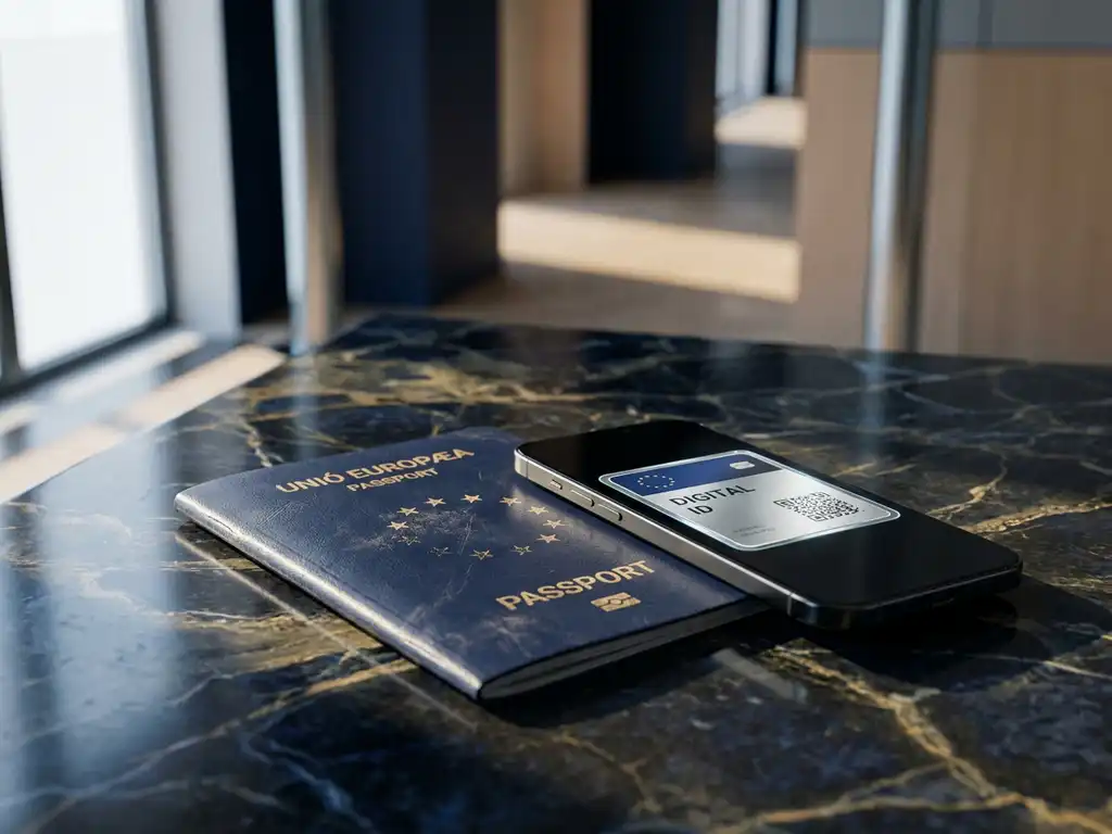 Worn EU passport beside a smartphone displaying a digital credential card on a dark marble desk in a European office.