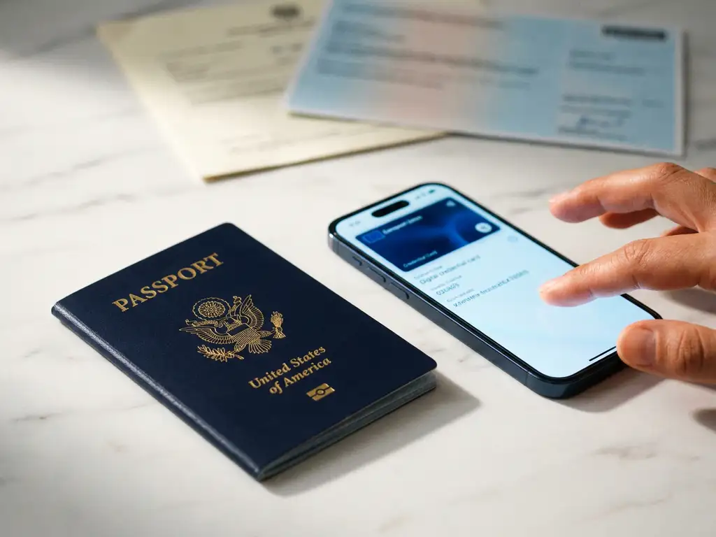 EU passport and smartphone displaying a digital credential card on marble surface, representing European digital identity documents.