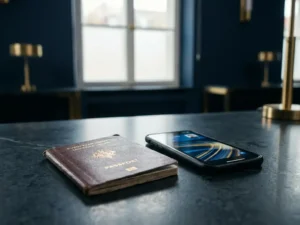 Worn leather EU passport beside a smartphone displaying a digital credential card on dark slate, soft light from a frosted window.