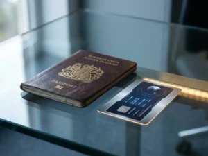 Worn leather EU passport beside a modern digital identity card on a glass desk, reflecting cool navy and warm amber tones.