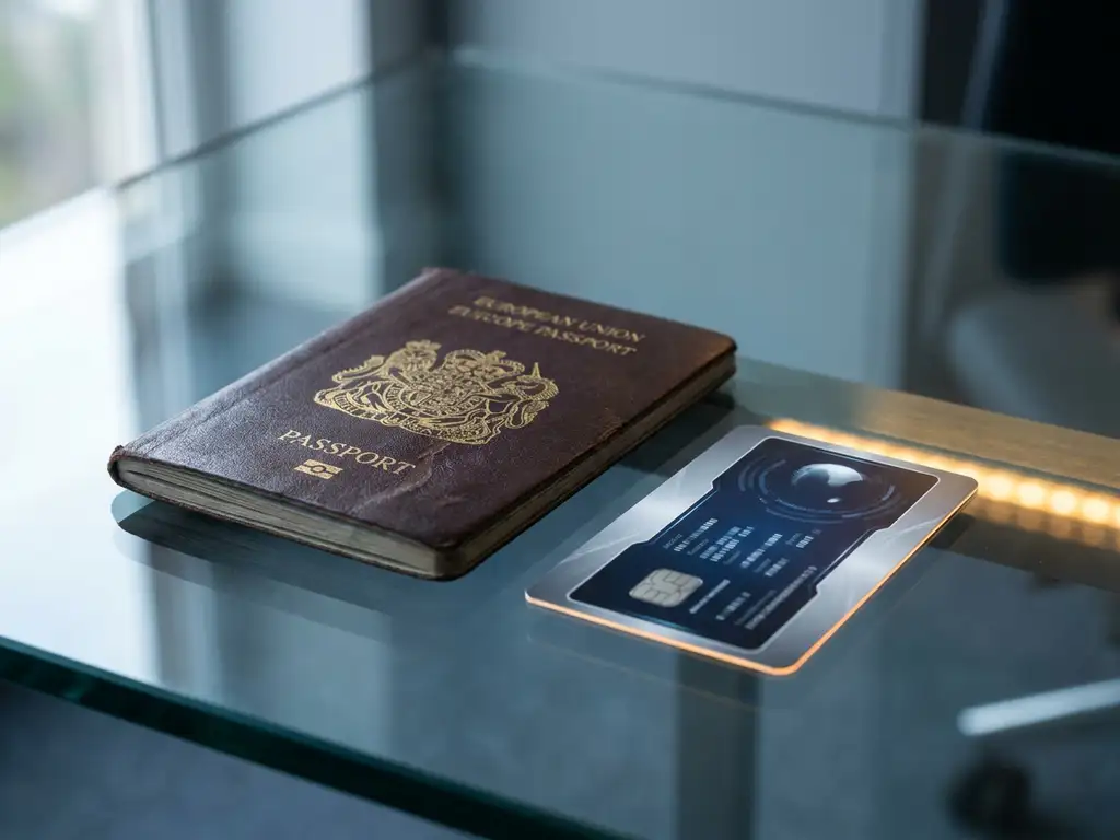 Worn leather EU passport beside a modern digital identity card on a glass desk, reflecting cool navy and warm amber tones.