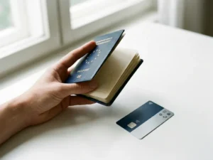 Open EU passport held in hand beside a digital identity card on a white surface, representing personal identity documents and data ownership.