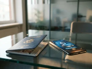 Open EU passport on glass desk next to smartphone displaying a digital identity card, soft natural light, blue and silver tones.