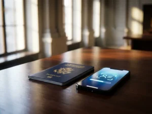 EU passport beside a smartphone showing an identity verification screen on a government office desk with blurred columns behind.