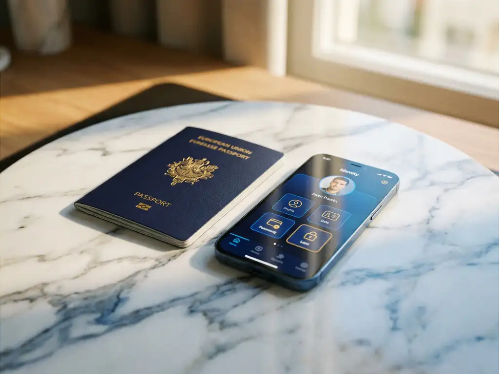 EU passport beside a smartphone displaying a digital identity wallet on marble, reflecting navy blue and gold tones.