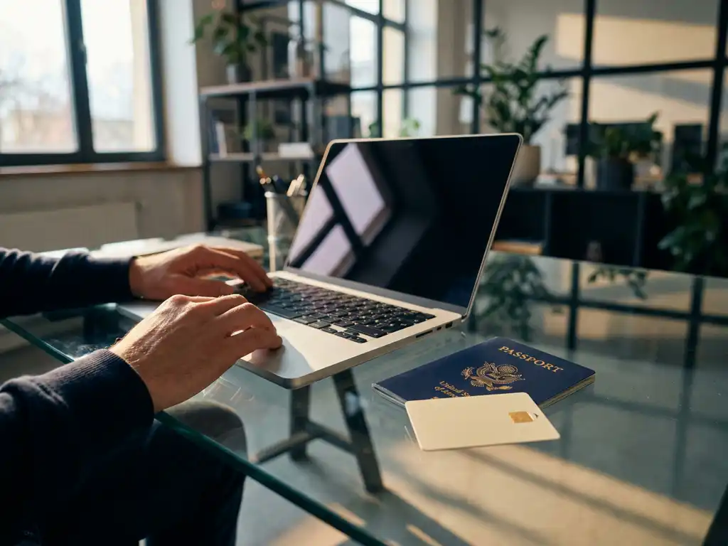 Developer's hands near a laptop beside an EU passport and NFC smart card on a glass desk, symbolizing European digital identity verification.
