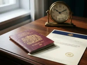 Worn leather EU passport beside an official document on a government desk, brass clock in soft window light background.