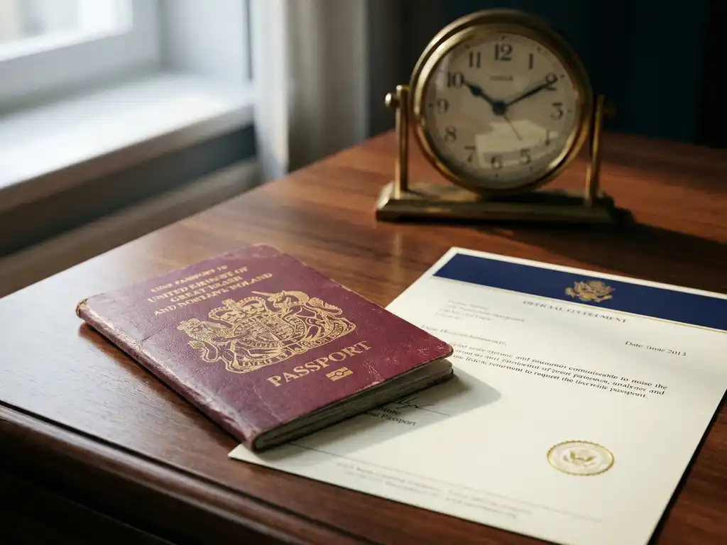 Worn leather EU passport beside an official document on a government desk, brass clock in soft window light background.