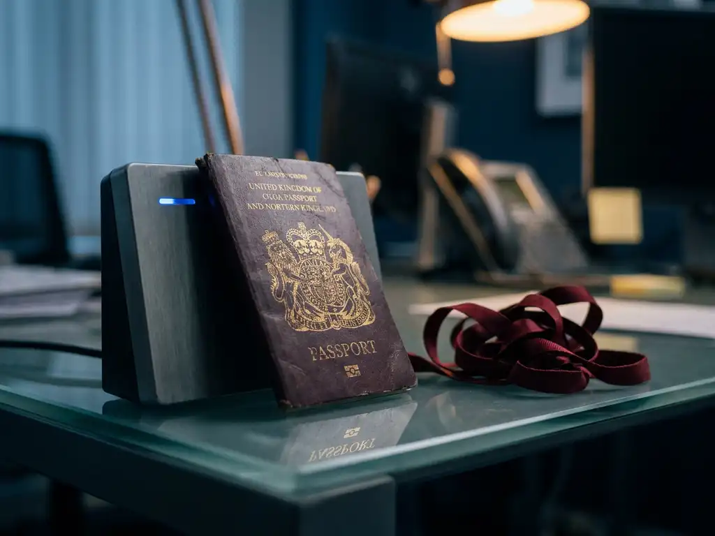 Worn EU passport resting against a modern security card reader on a glass desk, with red tape coiled nearby symbolizing bureaucratic complexity.