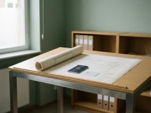 Architect's drafting table with a structural blueprint, EU passport, and smart card in a European government office.
