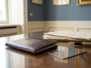 Worn leather EU passport beside a modern smart card on a government desk, with a fountain pen and compliance documents softly blurred in the background.