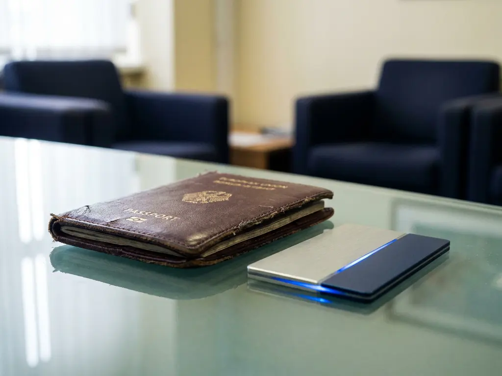 Worn leather EU passport beside a modern smart card on a glass government desk, lit with cool blue ambient light.