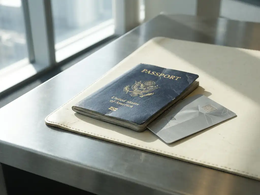 Worn EU passport overlapping a modern smart card on a brushed-steel government desk, bathed in soft natural window light.
