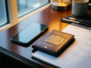 Worn leather EU passport beside a modern smartphone on a government office desk, with a faint calendar underneath.