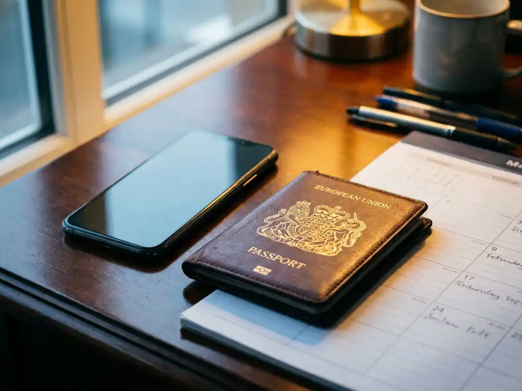 Worn leather EU passport beside a modern smartphone on a government office desk, with a faint calendar underneath.