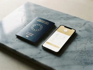 EU passport and smartphone on grey marble surface with faint European map etched in background.