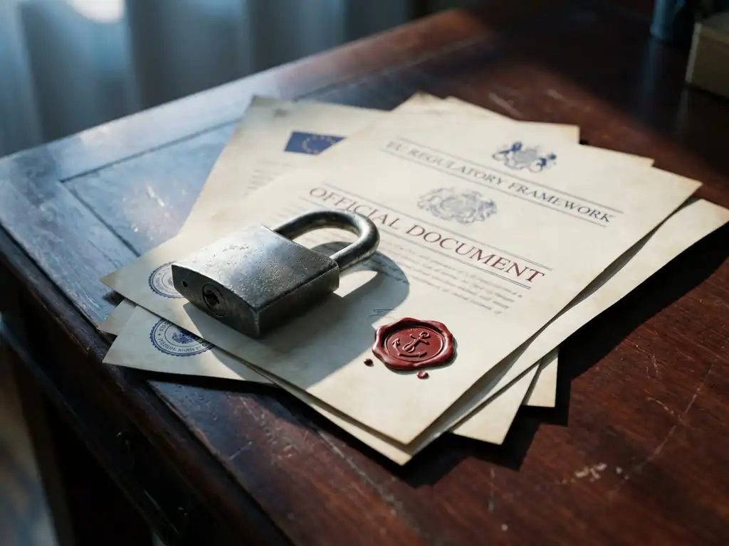 Steel padlock resting on EU regulatory documents with a red wax seal on a mahogany desk, symbolizing data protection compliance.
