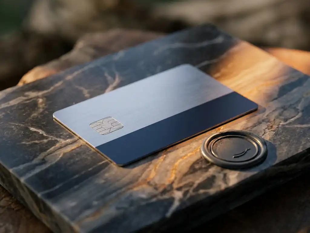 EU smart card with embedded chip on dark marble surface beside an official wax seal impression, lit with warm amber accent light.