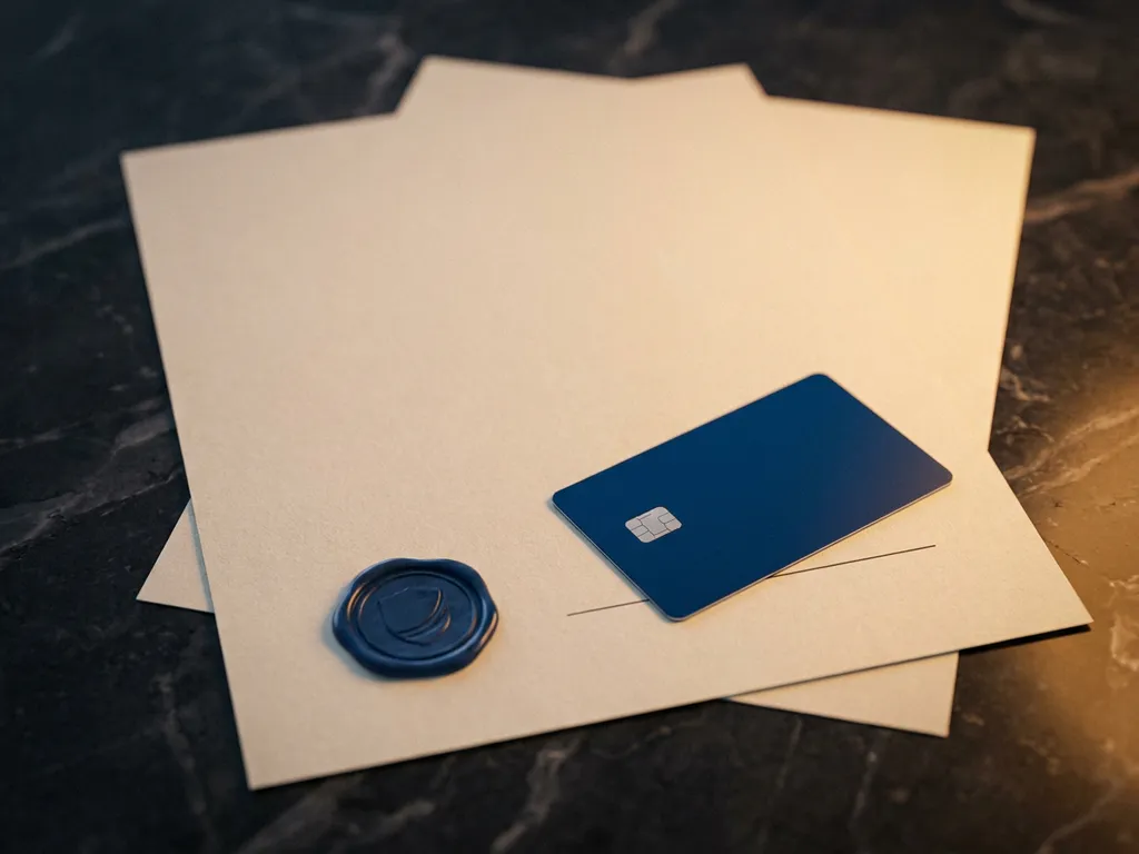 EU blue smart card resting across a contract signature line on dark marble, with a wax seal impression under warm amber light.