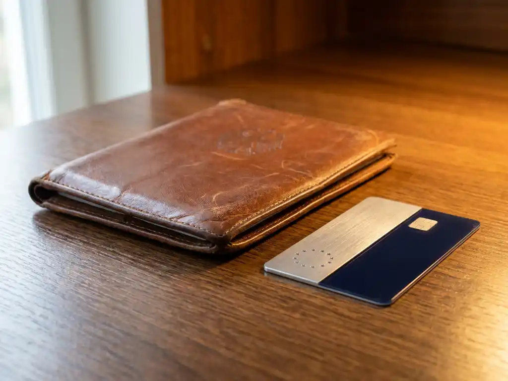 Worn leather insurance policy folder beside an EU-embossed smart card on a dark oak desk under warm amber light.