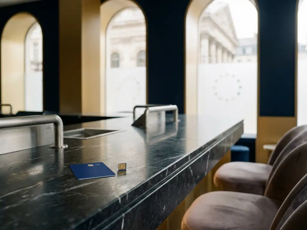 Contactless smart card and digital identity chip on a marble bank counter inside a European branch with navy and gold tones.