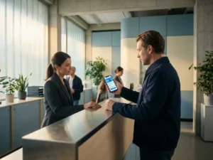 European citizen presenting a digital identity card on smartphone at a modern government service counter with an official.