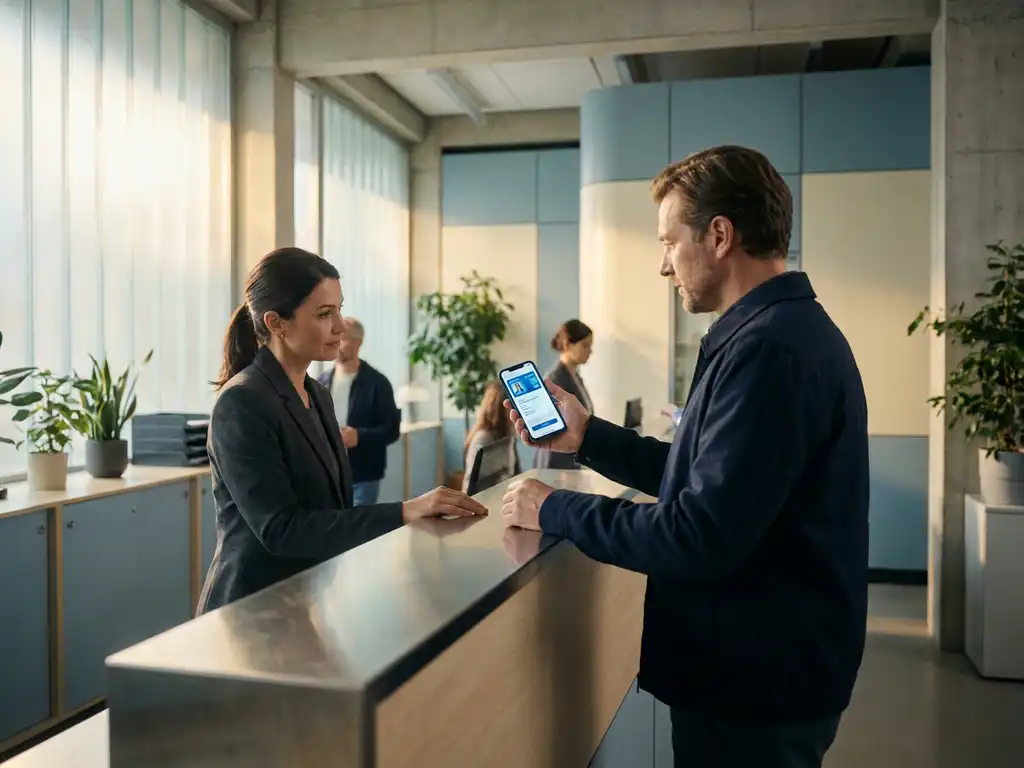 European citizen presenting a digital identity card on smartphone at a modern government service counter with an official.