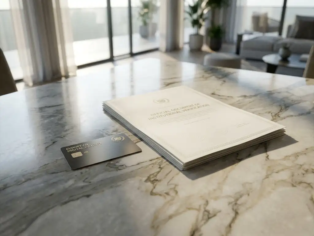 European digital identity card and institutional document on marble surface in a minimalist bank office with natural light.