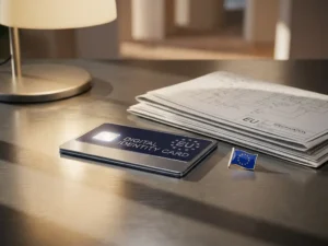 European digital identity card on polished steel surface beside technical documents and an EU flag pin, lit with warm accent lighting.