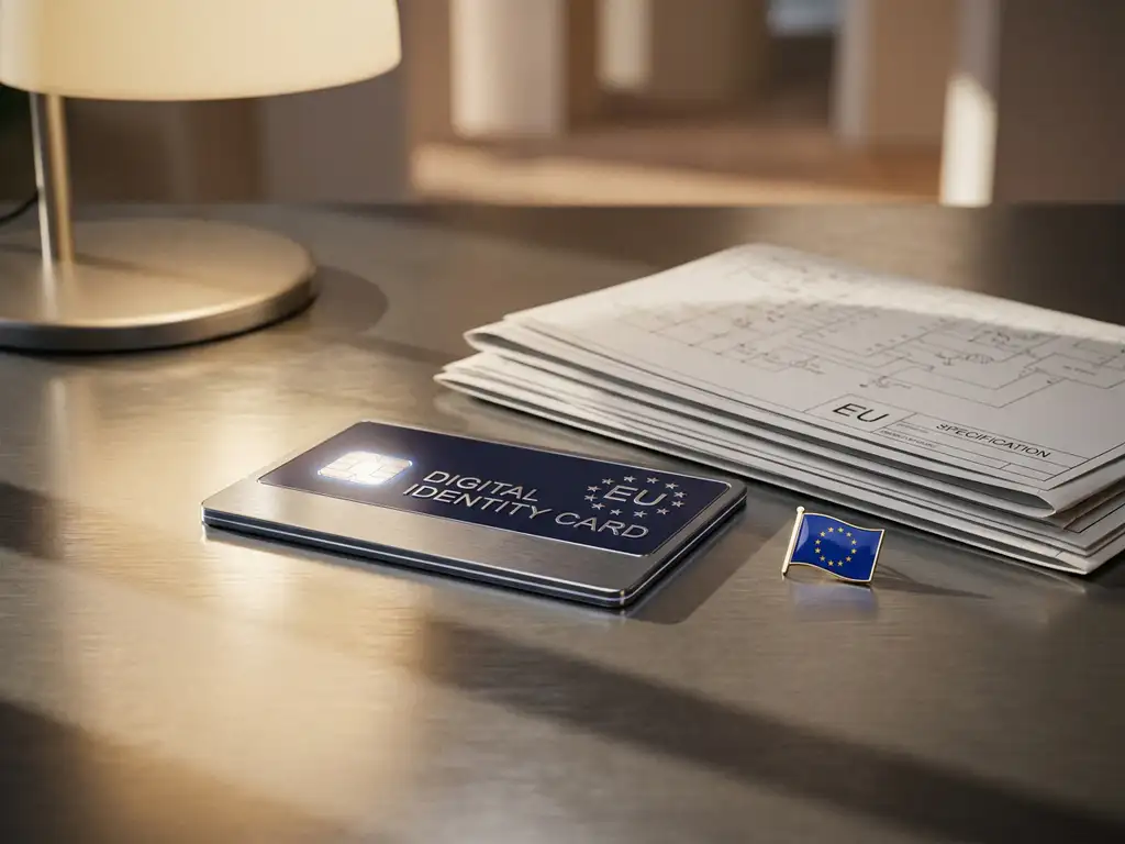 European digital identity card on polished steel surface beside technical documents and an EU flag pin, lit with warm accent lighting.