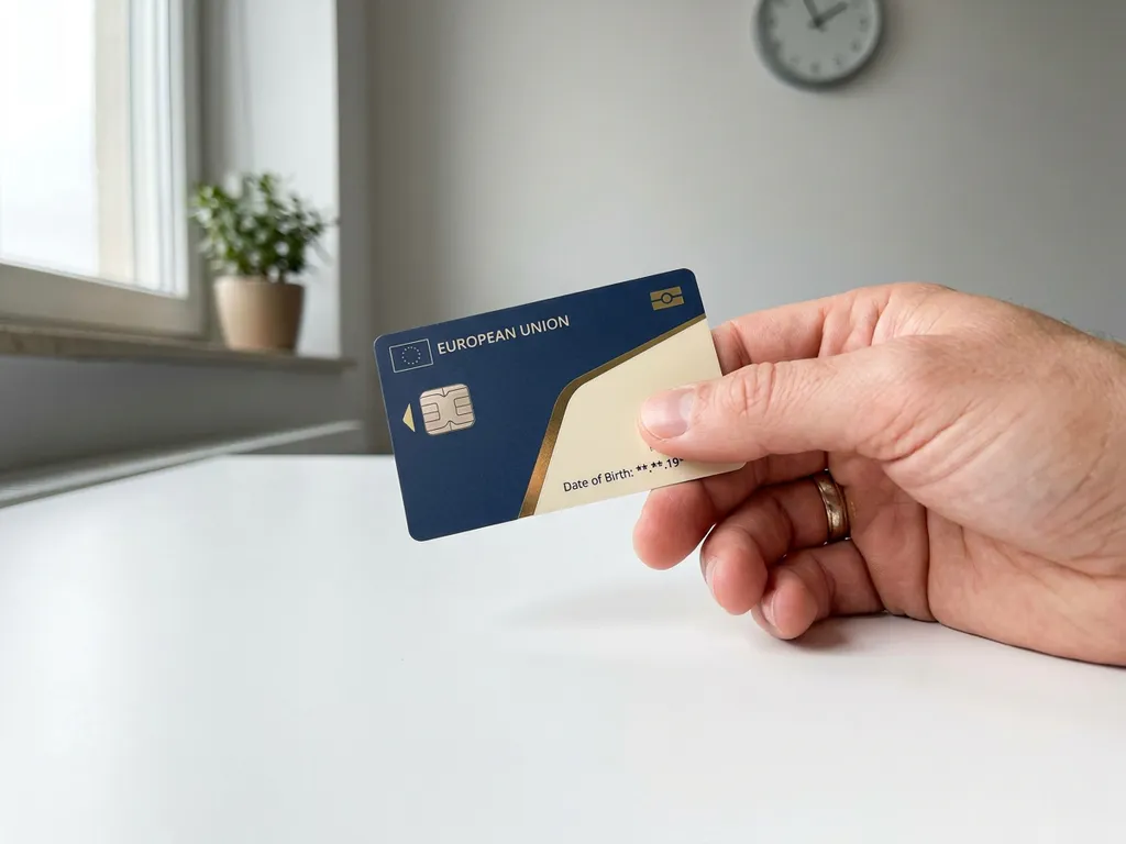 European digital identity card held in hand above a white desk, showing a partial birthdate detail in soft natural light.