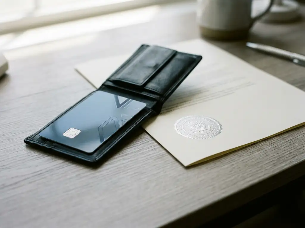 European digital identity card in a leather wallet beside an embossed government seal document on a minimalist desk, soft window light.