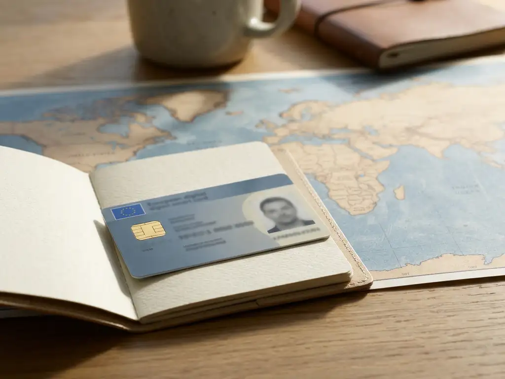 European digital identity card resting on an open passport over a world map, symbolizing cross-border digital identity beyond EU borders.
