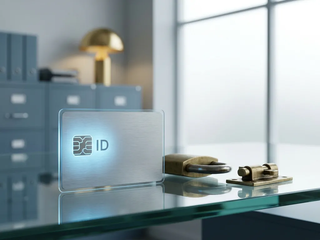 European digital identity card on glass surface beside a brass padlock and open door latch, symbolizing secure digital access.