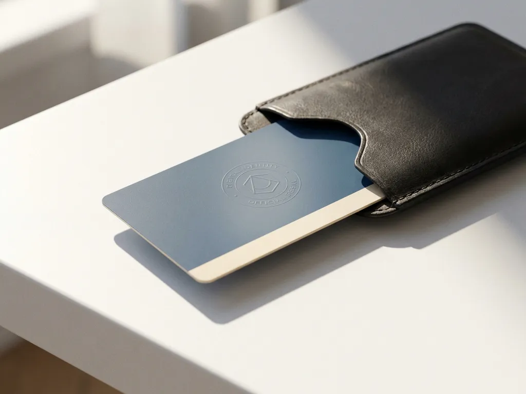 European digital identity card partially drawn from a slim leather wallet on a white desk, embossed official seal visible under soft directional light.