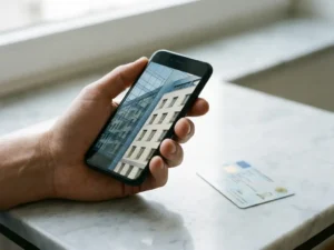 Hands holding a smartphone reflecting a European government building facade, with a physical identity card on a marble surface nearby.