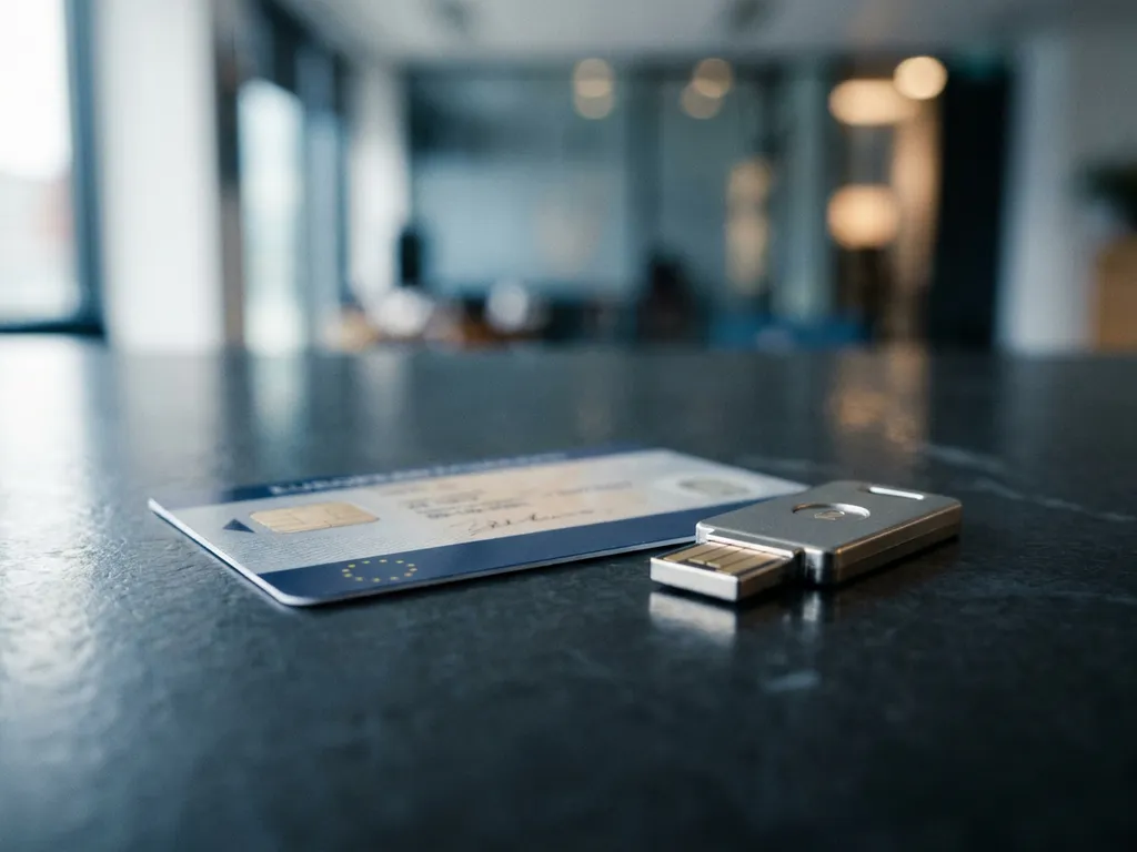 European government ID card and physical security key side by side on dark slate, soft reflections, blurred office background.