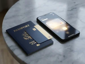 European passport and bank card beside a smartphone showing a digital wallet interface on grey marble, navy and gold tones.