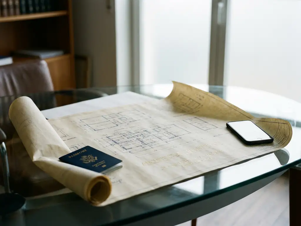 Architectural blueprint unrolled on a glass desk with a European passport and smartphone resting on its corners, soft window lighting.
