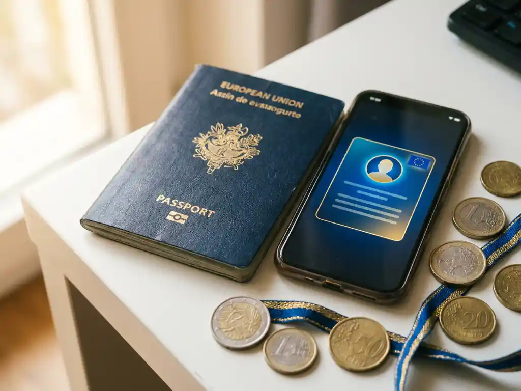 Worn European passport beside a smartphone displaying a digital credential card, with EU-toned coins on a white desk.
