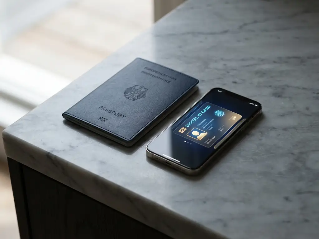 European passport next to a smartphone displaying a digital credential card on grey marble, representing digital identity verification.