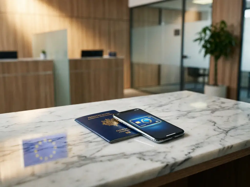 European passport and smartphone showing a digital ID card on marble surface with EU flag reflection.